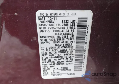 2012 Nissan Murano S z USA, uszkodzony, nr VIN JN8AZ1MUXCW103574